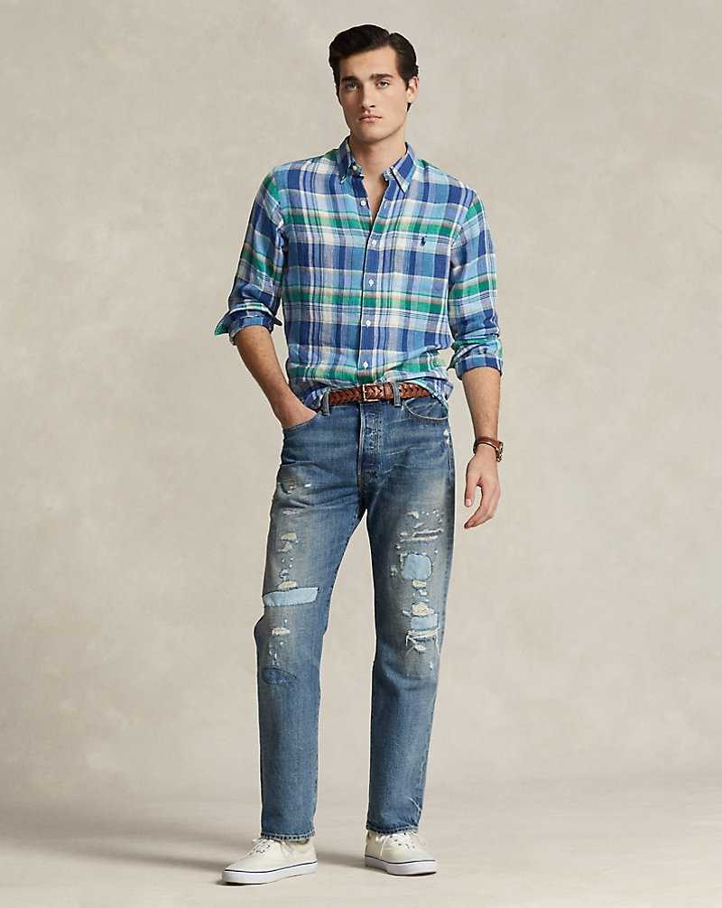 Camisas Ralph Lauren Custom Fit Plaid Linen Hombre 6357a Blue/Green Multi | ZUOJAWN-62 - vista 3