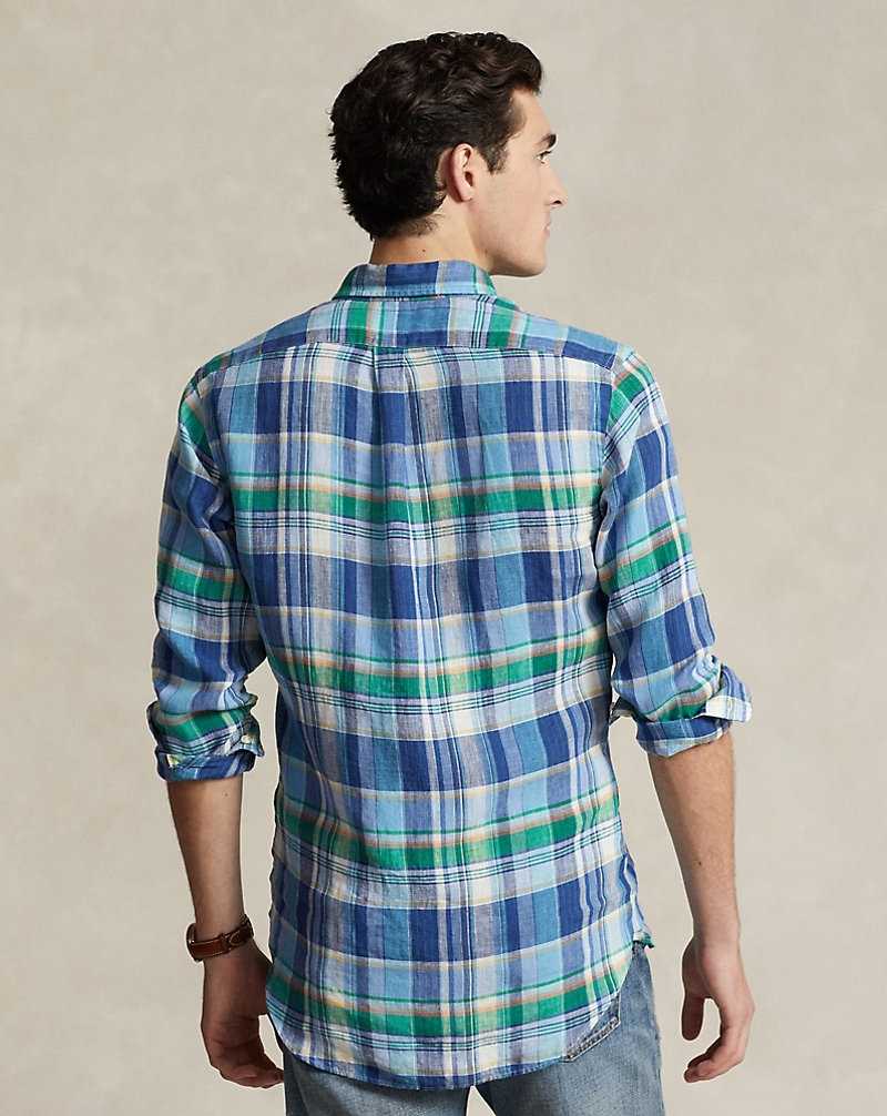Camisas Ralph Lauren Custom Fit Plaid Linen Hombre 6357a Blue/Green Multi | ZUOJAWN-62 - vista 4