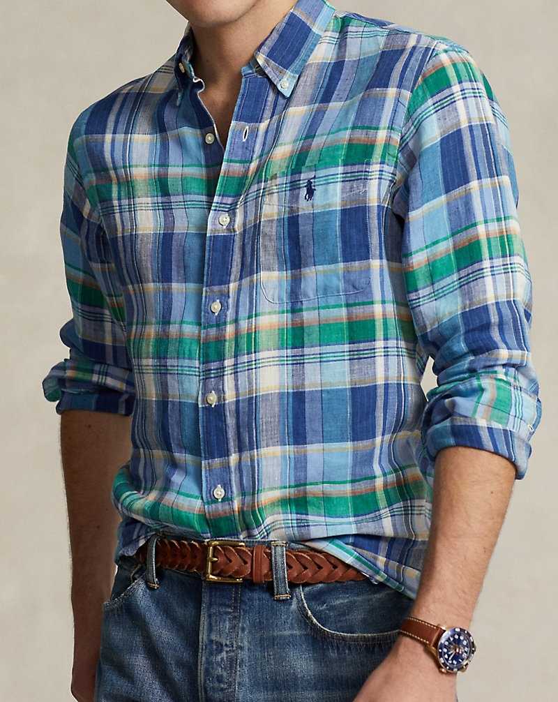 Camisas Ralph Lauren Custom Fit Plaid Linen Hombre 6357a Blue/Green Multi | ZUOJAWN-62 - vista 5