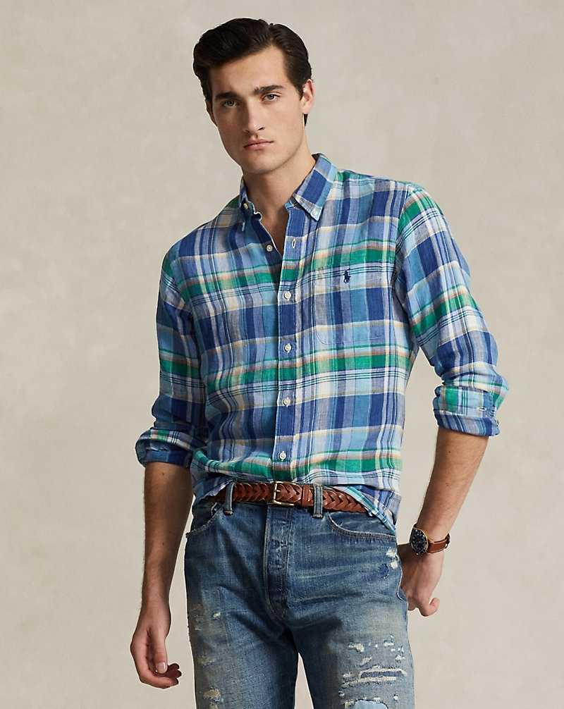 Camisas Ralph Lauren Custom Fit Plaid Linen Hombre 6357a Blue/Green Multi | ZUOJAWN-62 - vista 1