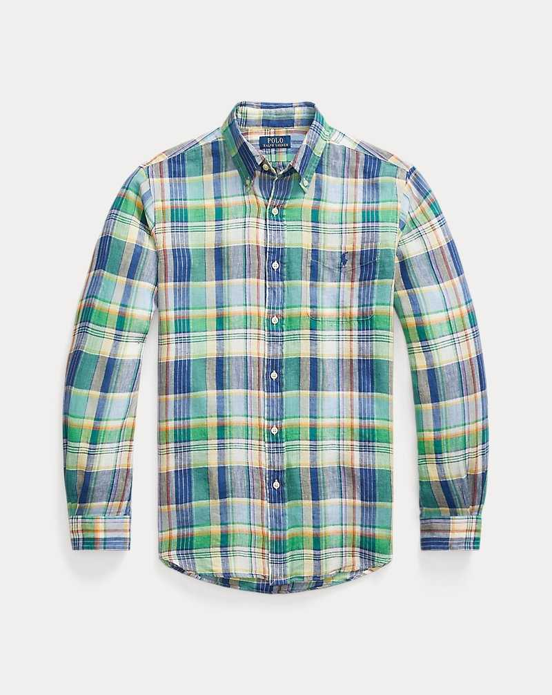 Camisas Ralph Lauren Custom Fit Plaid Linen Hombre 6357c Green/Blue Multi | KPIYUBL-45 - vista 2