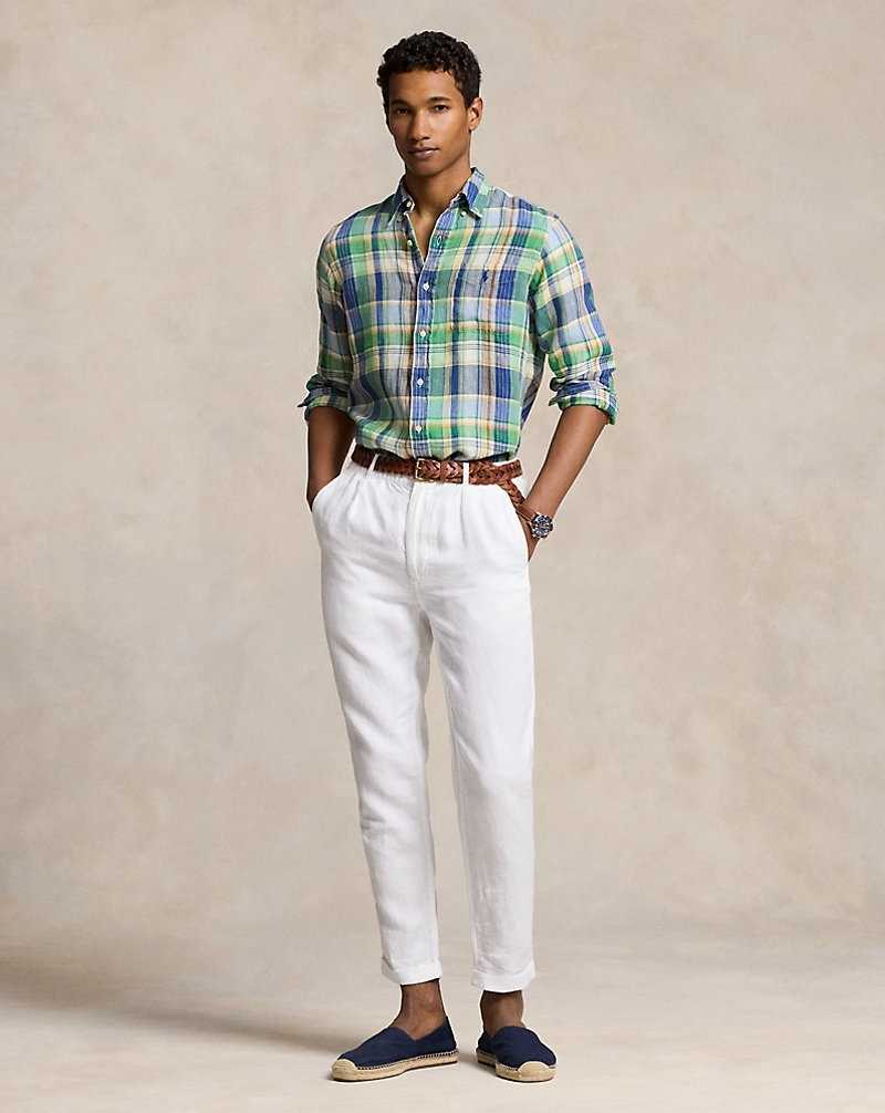 Camisas Ralph Lauren Custom Fit Plaid Linen Hombre 6357c Green/Blue Multi | KPIYUBL-45 - vista 3