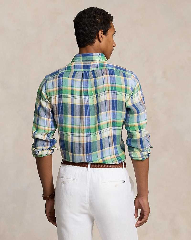 Camisas Ralph Lauren Custom Fit Plaid Linen Hombre 6357c Green/Blue Multi | KPIYUBL-45 - vista 4