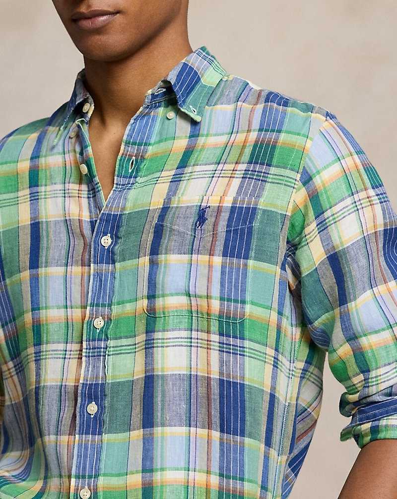 Camisas Ralph Lauren Custom Fit Plaid Linen Hombre 6357c Green/Blue Multi | KPIYUBL-45 - vista 5