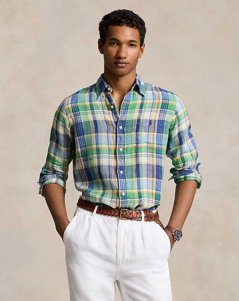 Camisas Ralph Lauren Custom Fit Plaid Linen Hombre 6357c Green/Blue Multi | KPIYUBL-45 - vista 1