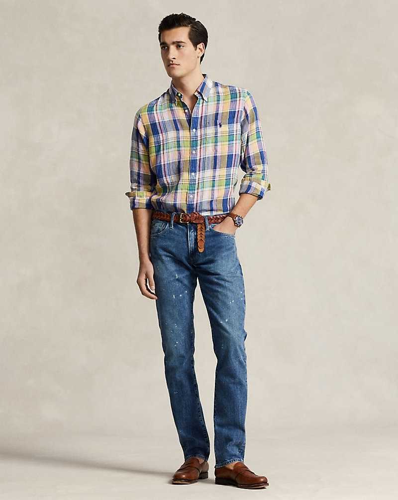 Camisas Ralph Lauren Custom Fit Plaid Linen Hombre 6357b Navy/Pink Multi | KQAPRXN-21 - vista 3