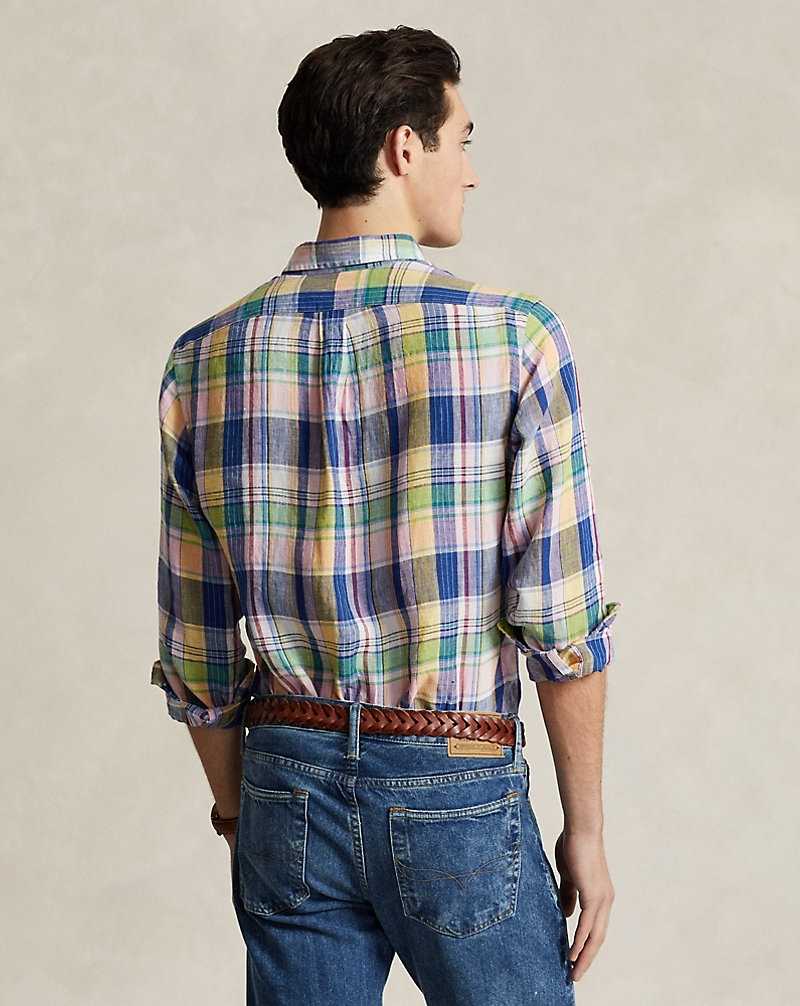 Camisas Ralph Lauren Custom Fit Plaid Linen Hombre 6357b Navy/Pink Multi | KQAPRXN-21 - vista 4