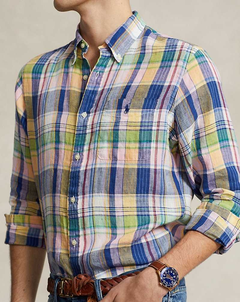 Camisas Ralph Lauren Custom Fit Plaid Linen Hombre 6357b Navy/Pink Multi | KQAPRXN-21 - vista 5