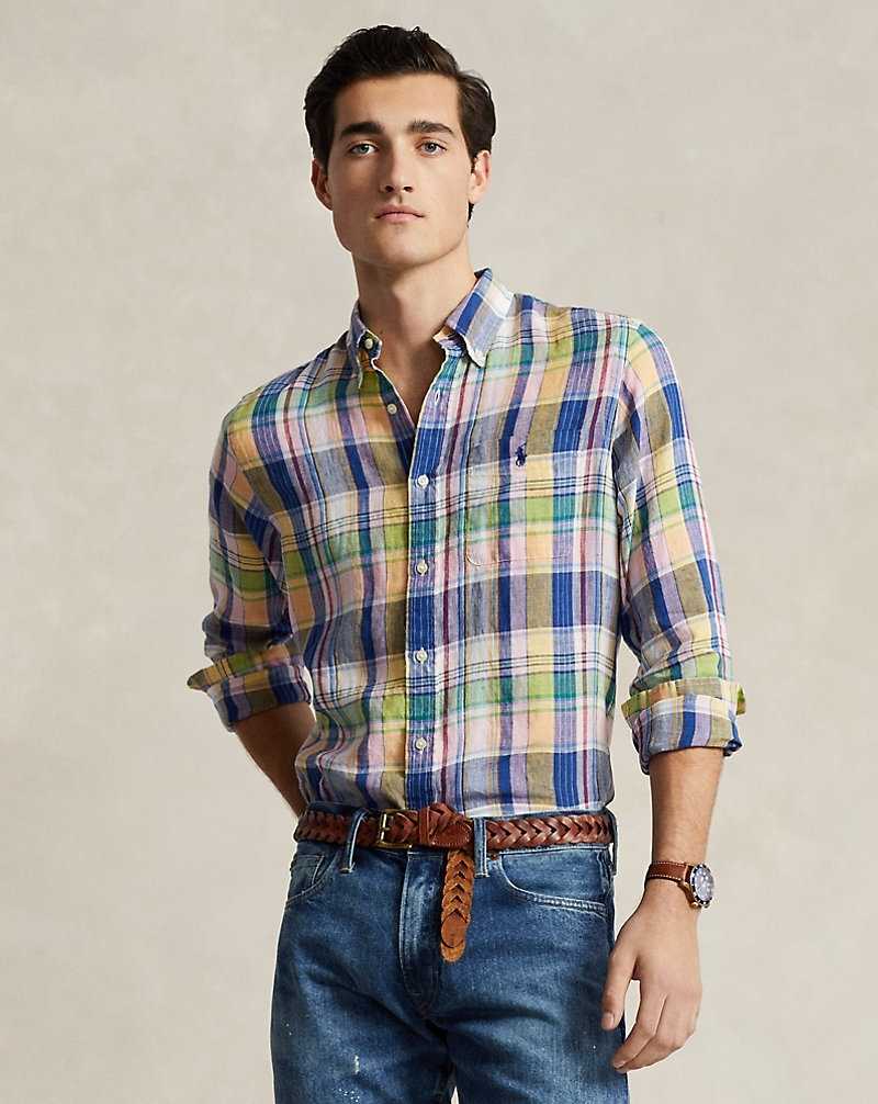 Camisas Ralph Lauren Custom Fit Plaid Linen Hombre 6357b Navy/Pink Multi | KQAPRXN-21 - vista 1