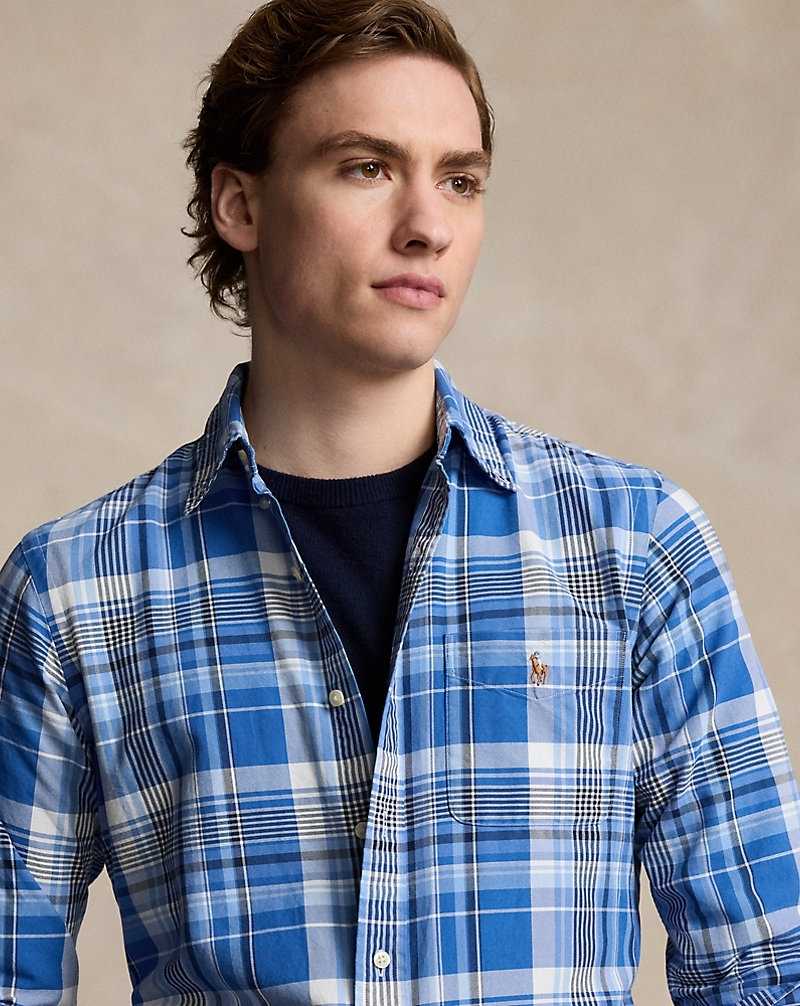 Camisas Ralph Lauren Custom Fit Plaid Oxford Hombre Azules | SOXYTQW-82 - vista 5