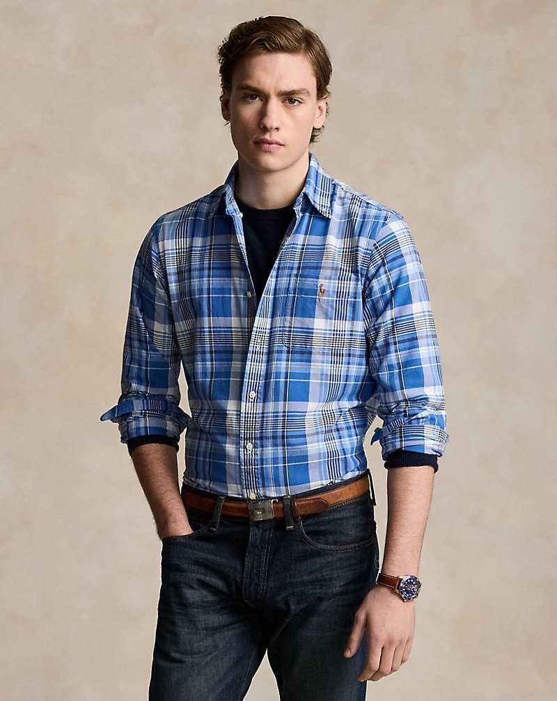 Camisas Ralph Lauren Custom Fit Plaid Oxford Hombre Azules | SOXYTQW-82 - vista 1