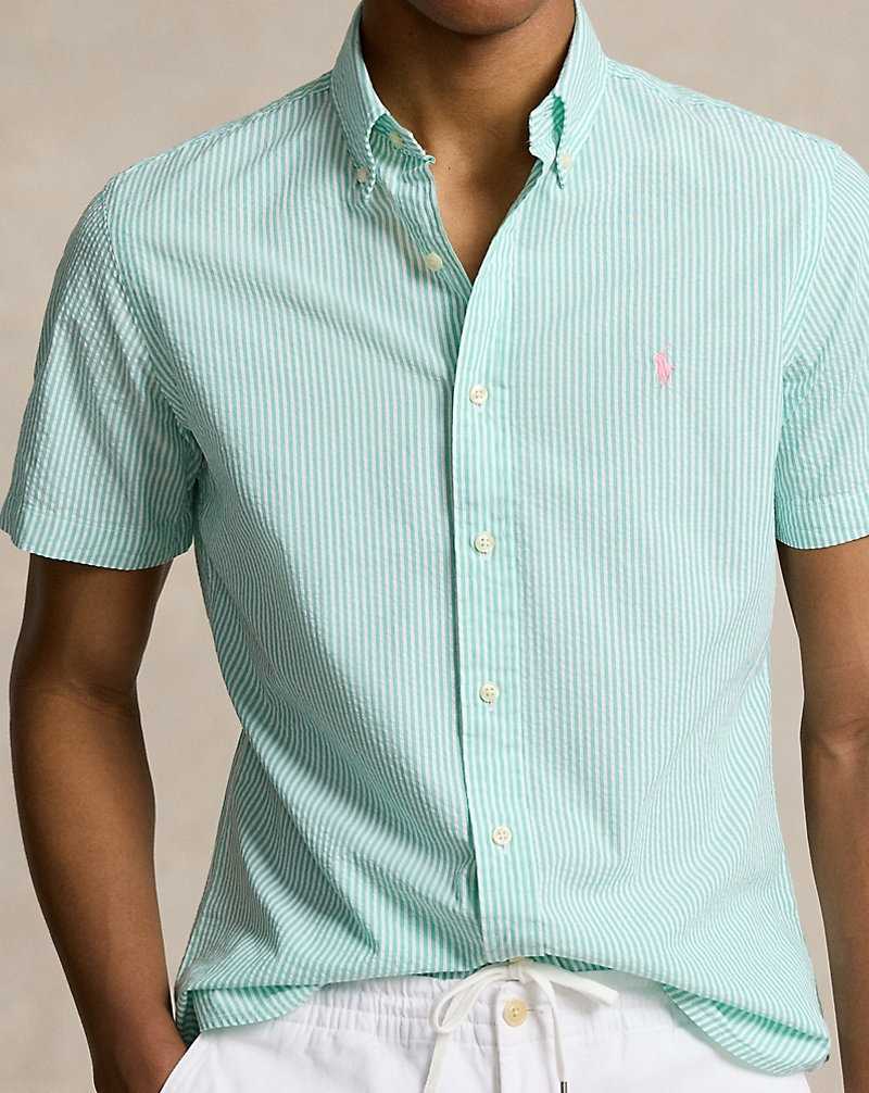 Camisas Ralph Lauren Custom Fit Striped Seersucker Hombre Keywest Green/White | NEHAYKJ-85 - vista 5