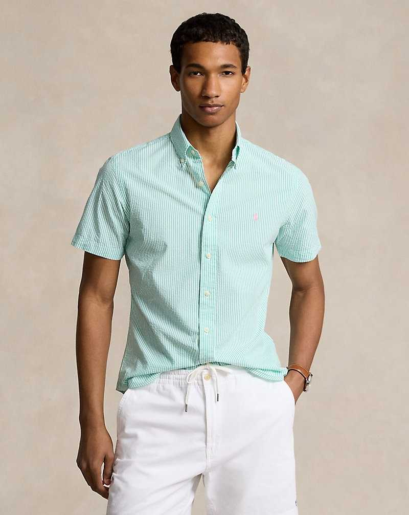 Camisas Ralph Lauren Custom Fit Striped Seersucker Hombre Keywest Green/White | NEHAYKJ-85 - vista 1