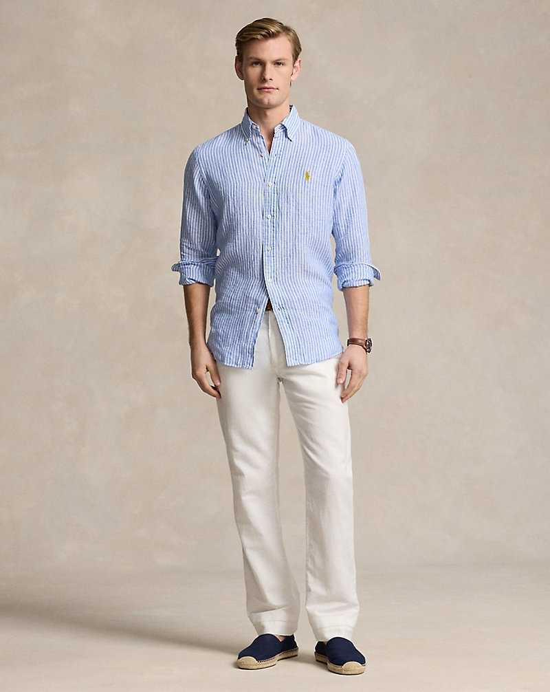 Camisas Ralph Lauren Custom Fit Striped Linen Hombre Blue/White | YQZIRNS-25 - vista 3