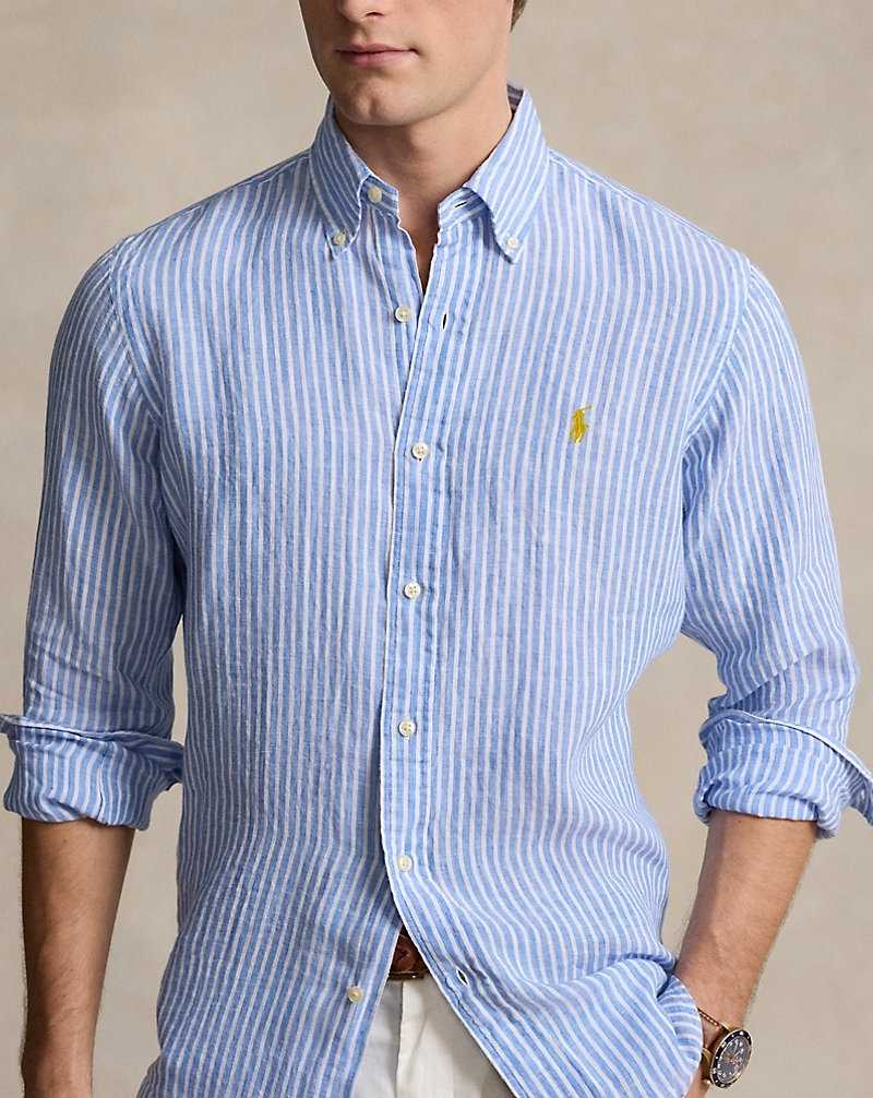 Camisas Ralph Lauren Custom Fit Striped Linen Hombre Blue/White | YQZIRNS-25 - vista 5