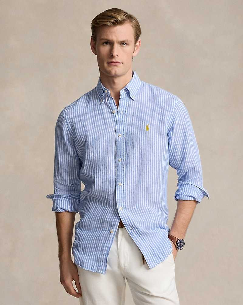 Camisas Ralph Lauren Custom Fit Striped Linen Hombre Blue/White | YQZIRNS-25 - vista 1