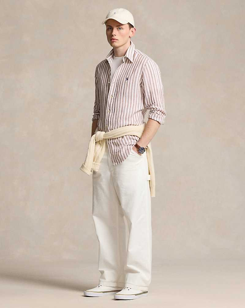 Camisas Ralph Lauren Custom Fit Striped Linen Hombre Khaki/White | XNJSETR-36 - vista 3