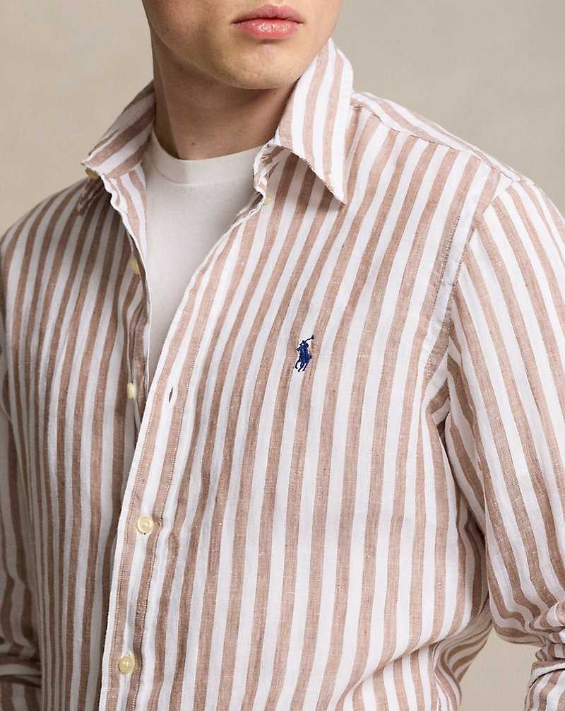 Camisas Ralph Lauren Custom Fit Striped Linen Hombre Khaki/White | XNJSETR-36 - vista 5