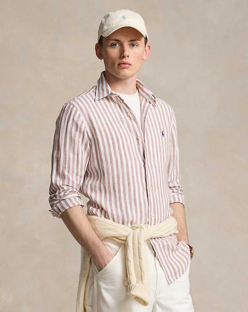 Camisas Ralph Lauren Custom Fit Striped Linen Hombre Khaki/White | XNJSETR-36 - vista 1