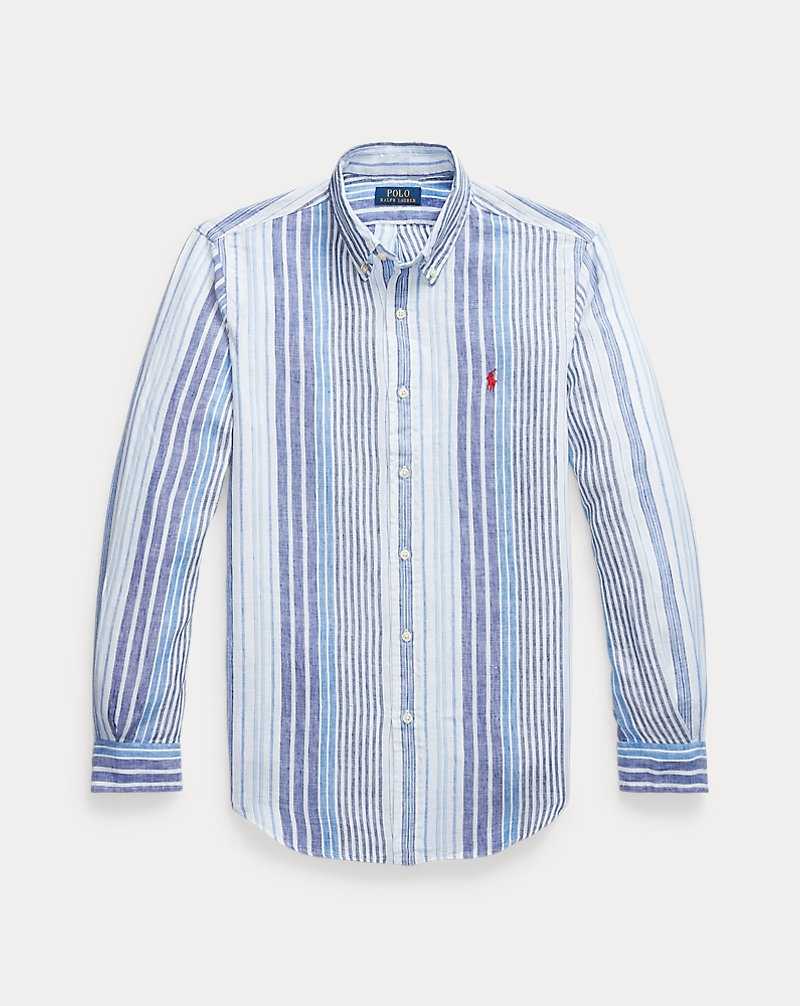 Camisas Ralph Lauren Custom Fit Striped Linen Hombre Azules | TIHUPEN-69 - vista 2