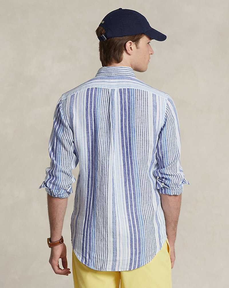 Camisas Ralph Lauren Custom Fit Striped Linen Hombre Azules | TIHUPEN-69 - vista 4