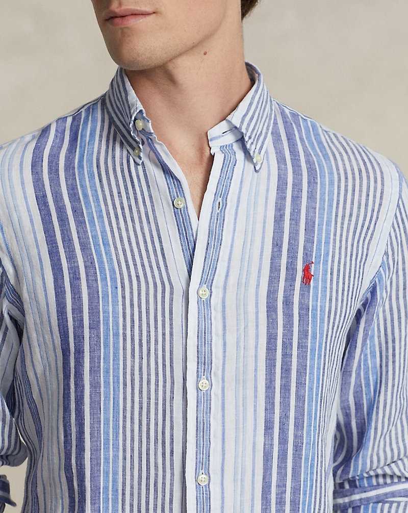 Camisas Ralph Lauren Custom Fit Striped Linen Hombre Azules | TIHUPEN-69 - vista 5