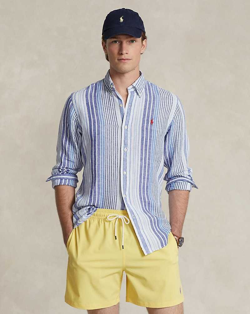 Camisas Ralph Lauren Custom Fit Striped Linen Hombre Azules | TIHUPEN-69 - vista 1