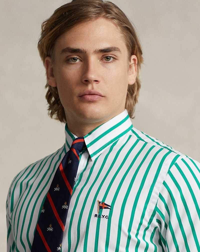 Camisas Ralph Lauren Custom Fit Striped Poplin Hombre Scarab Green/White | QHJTBUP-10 - vista 5