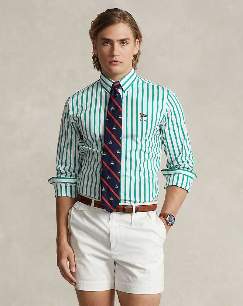 Camisas Ralph Lauren Custom Fit Striped Poplin Hombre Scarab Green/White | QHJTBUP-10 - vista 1