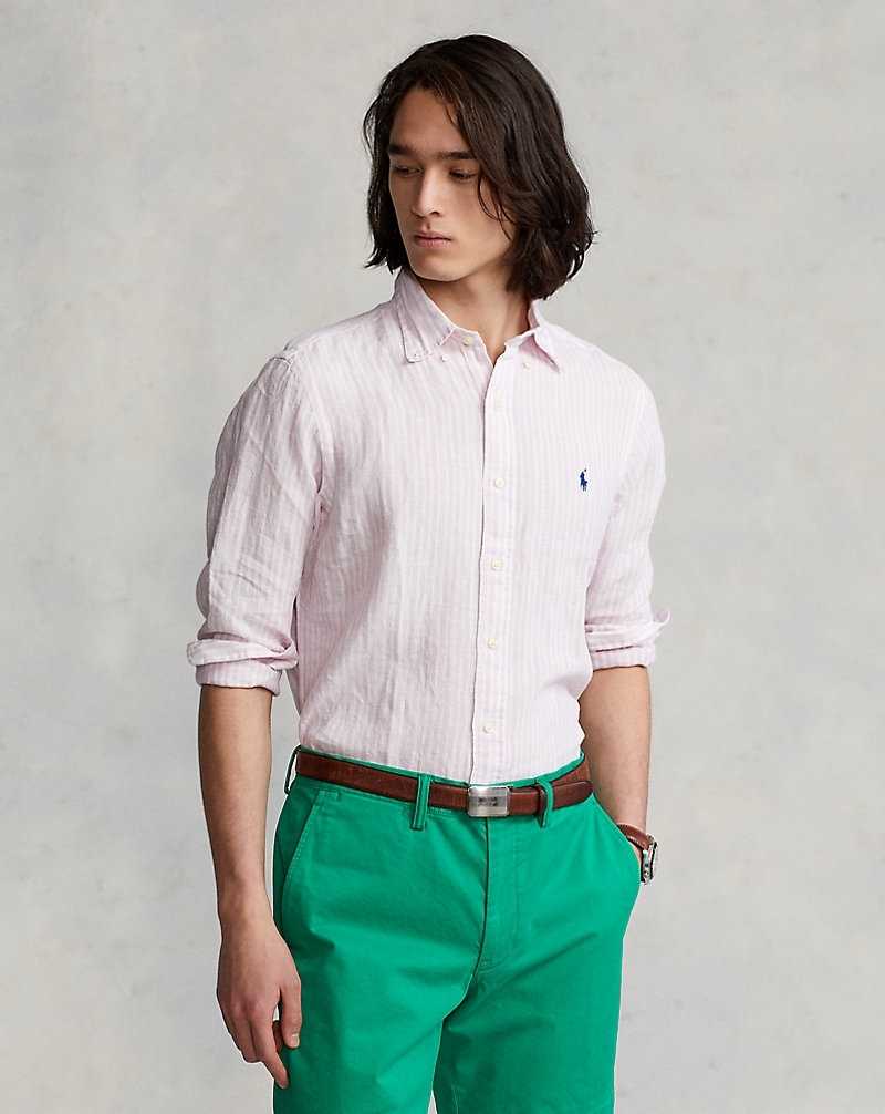 Camisas Ralph Lauren Custom Fit Striped Linen Hombre 5137b Pink/White | TCLPQOS-38 - vista 1