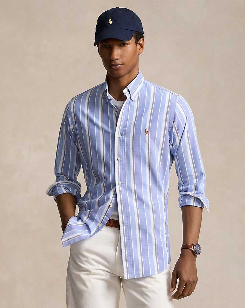 Camisas Ralph Lauren Custom Fit Striped Oxford Hombre Blancos Azules | AOIPTVD-25 - vista 1