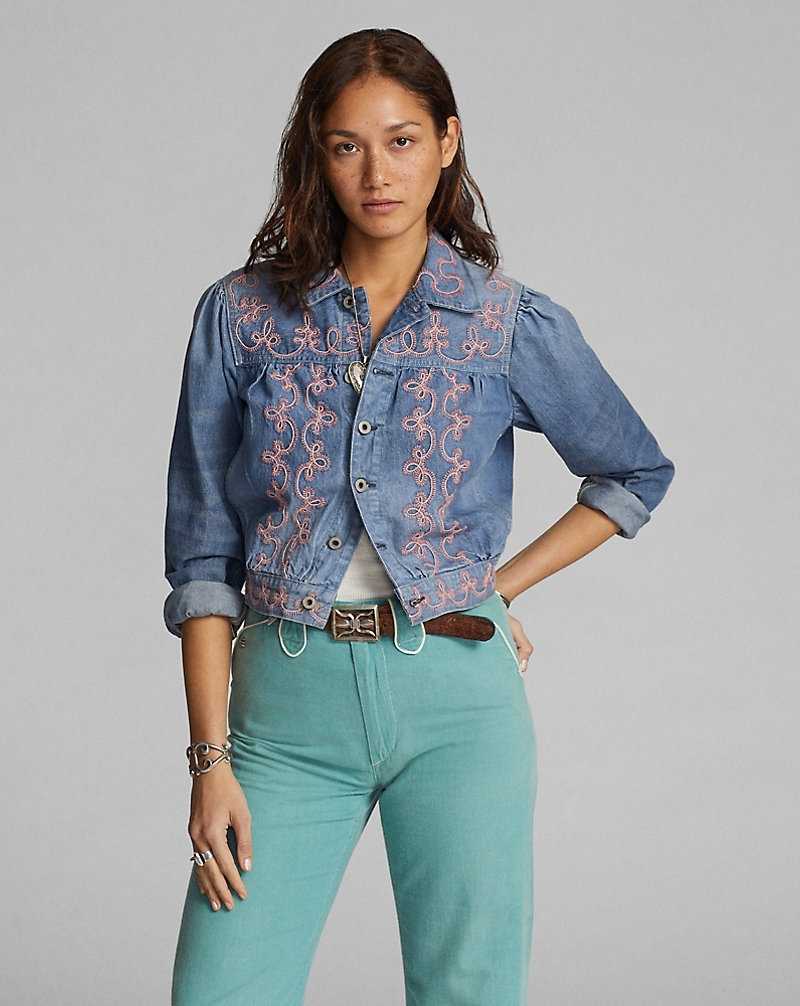 Camisas Ralph Lauren Embroidered Denim Mujer Blue/Pink | ORXVTQW-08 - vista 2