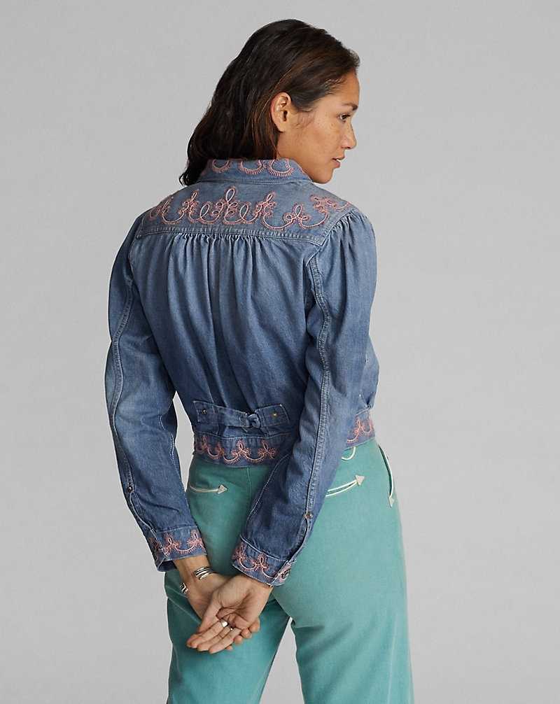 Camisas Ralph Lauren Embroidered Denim Mujer Blue/Pink | ORXVTQW-08 - vista 4