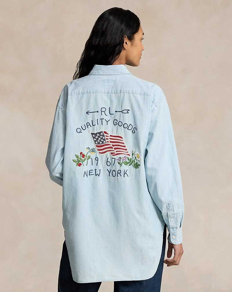 Camisas Ralph Lauren Embroidered-Logo Chambray Mujer Chambray | FXKURYE-18 - vista 4