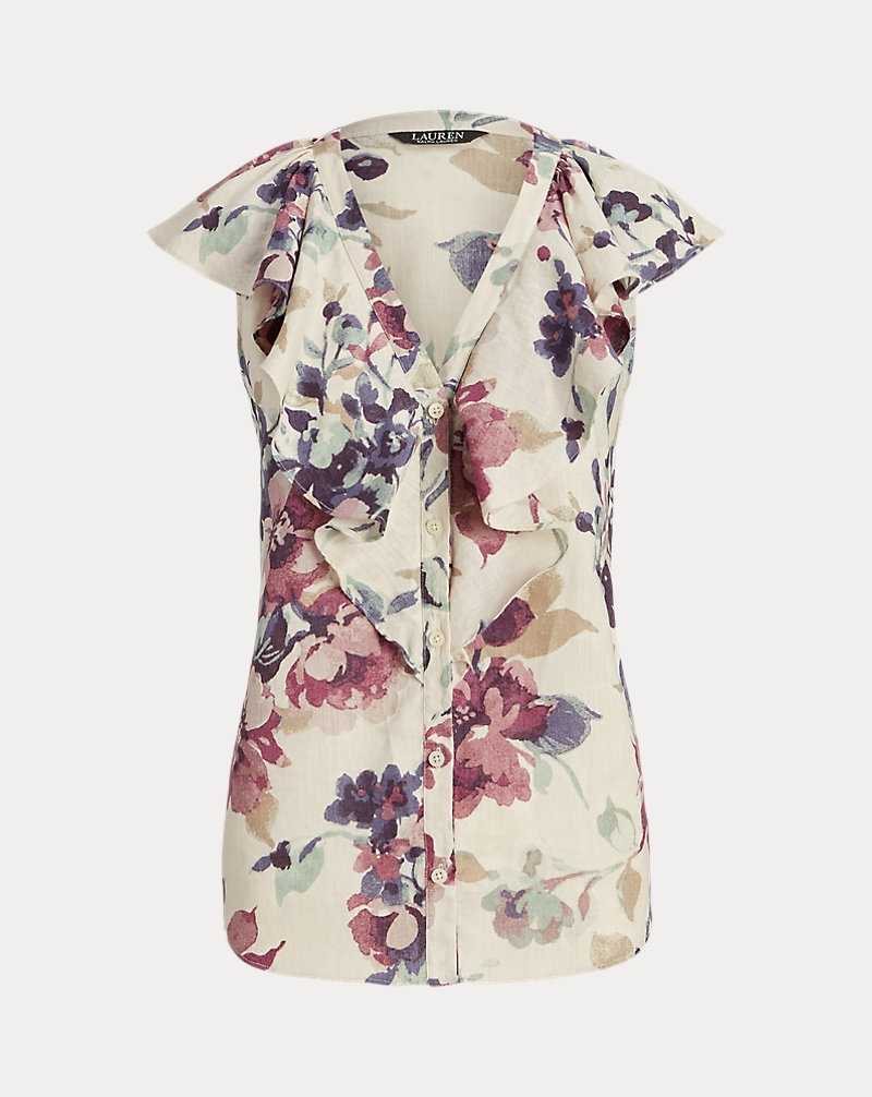 Camisas Ralph Lauren Floral Linen Flutter-Sleeve Mujer Creme | IATZWUF-21 - vista 2