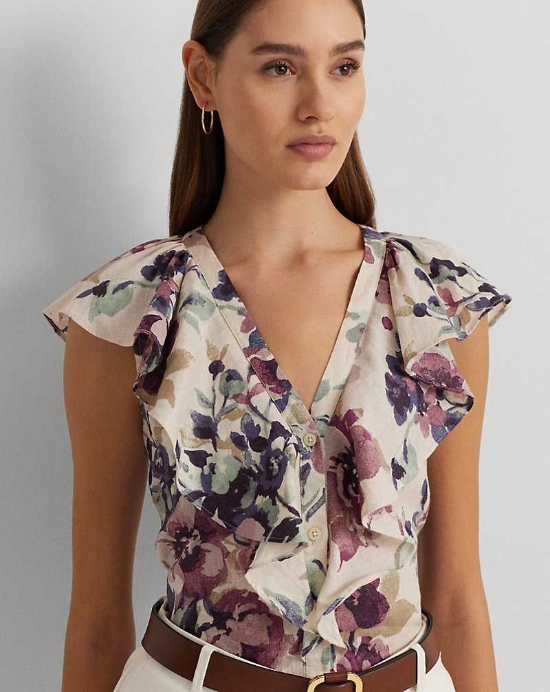 Camisas Ralph Lauren Floral Linen Flutter-Sleeve Mujer Creme | IATZWUF-21 - vista 5