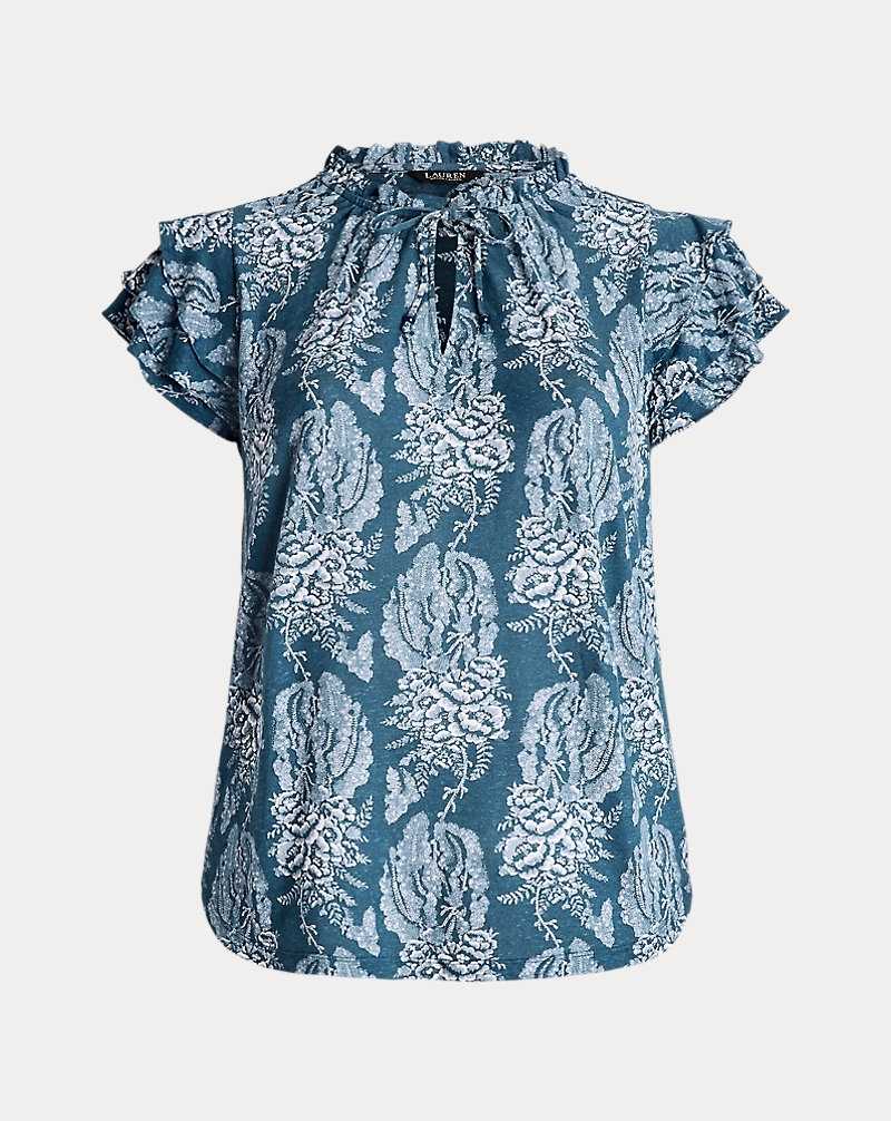 Camisas Ralph Lauren Floral Linen-Blend Jersey Tie-Neck Top Mujer Blue/Cream | CESGFQP-97 - vista 2