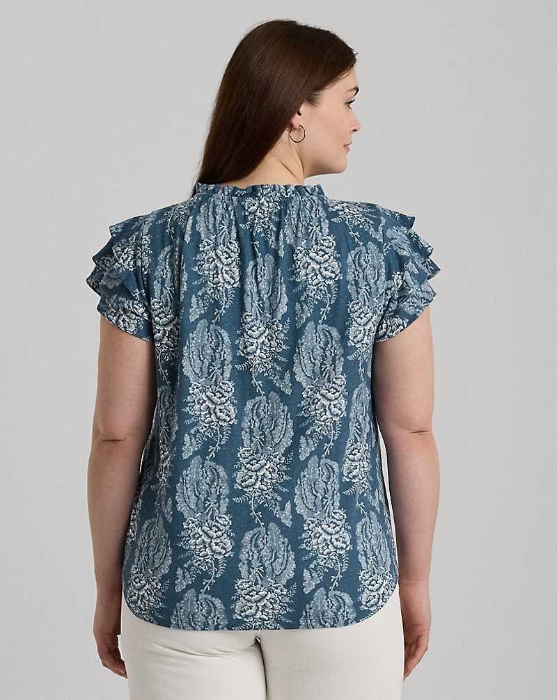 Camisas Ralph Lauren Floral Linen-Blend Jersey Tie-Neck Top Mujer Blue/Cream | CESGFQP-97 - vista 4