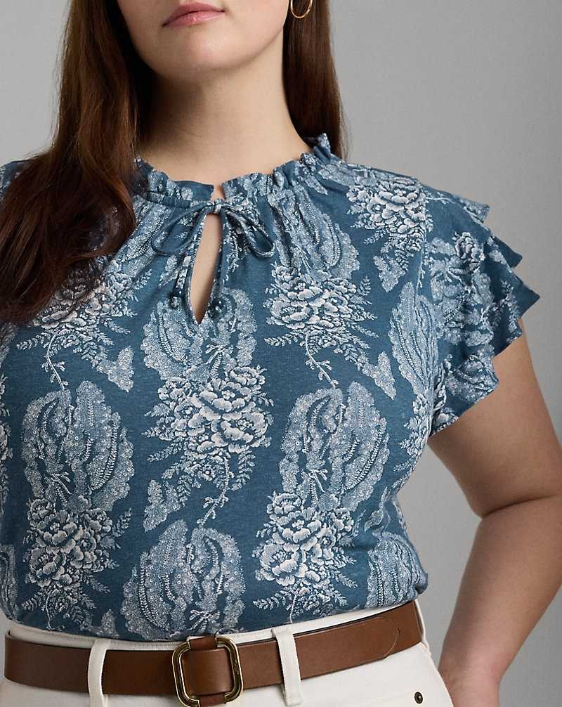 Camisas Ralph Lauren Floral Linen-Blend Jersey Tie-Neck Top Mujer Blue/Cream | CESGFQP-97 - vista 5