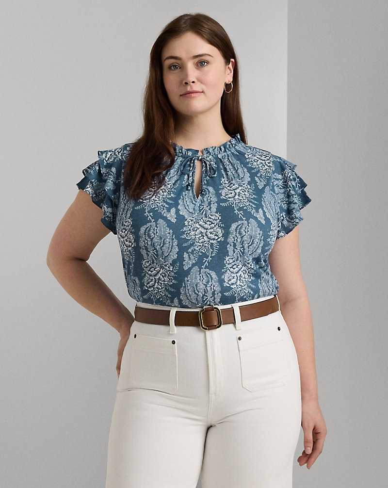 Camisas Ralph Lauren Floral Linen-Blend Jersey Tie-Neck Top Mujer Blue/Cream | CESGFQP-97 - vista 1