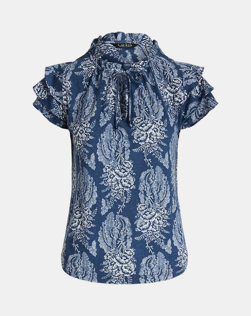 Camisas Ralph Lauren Floral Linen-Blend Jersey Tie-Neck Top Mujer Blue/Cream | JKEMPSV-60 - vista 2