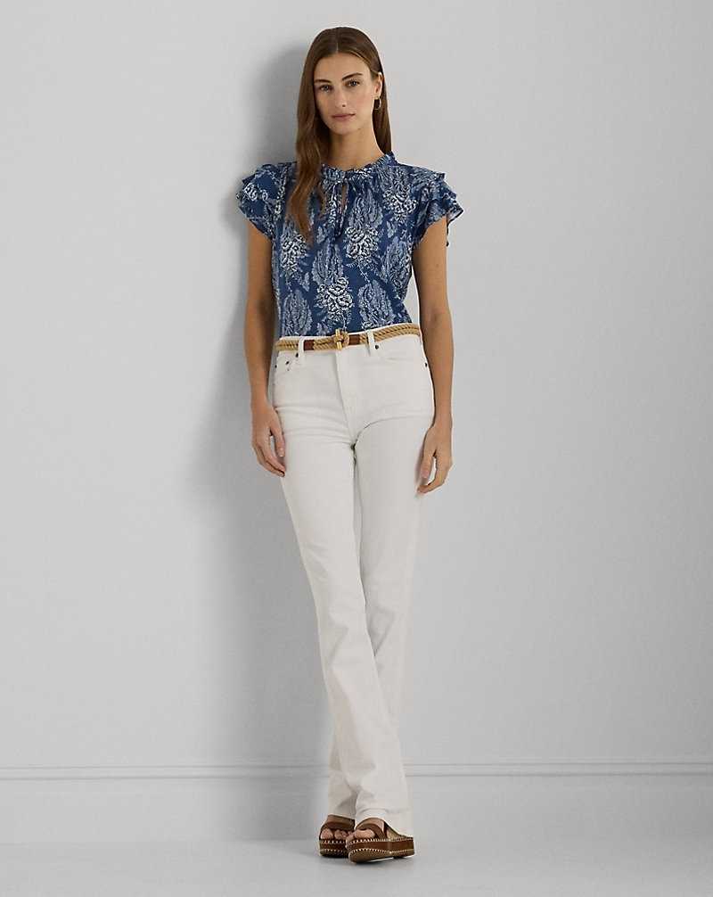 Camisas Ralph Lauren Floral Linen-Blend Jersey Tie-Neck Top Mujer Blue/Cream | JKEMPSV-60 - vista 3