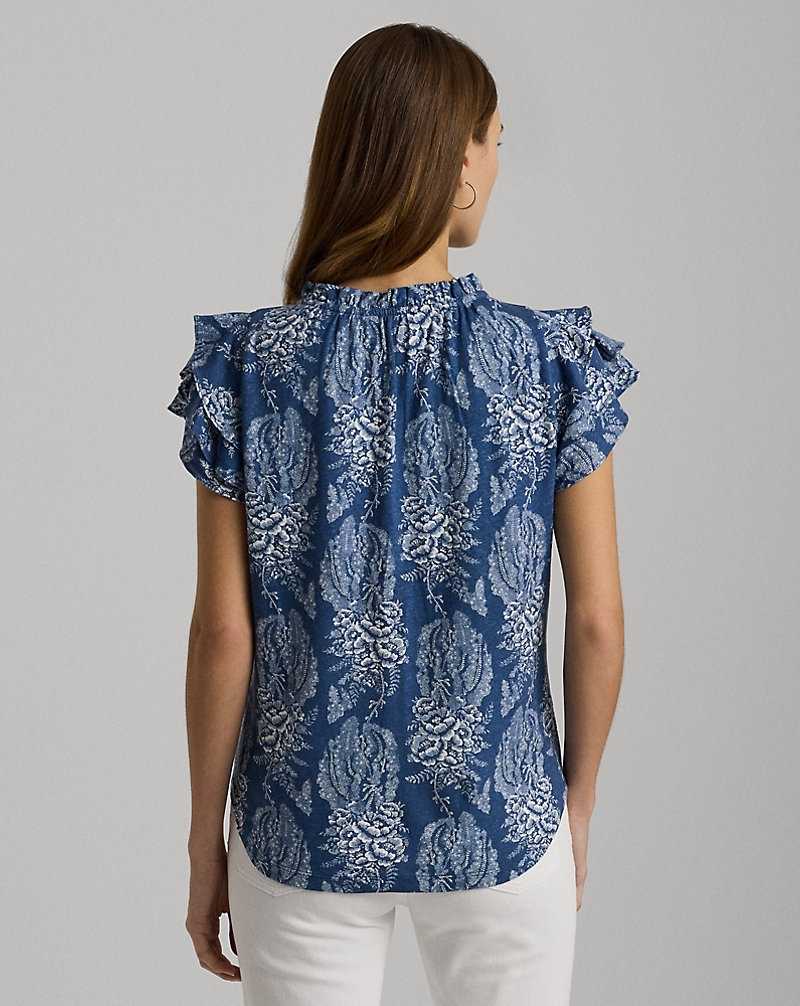 Camisas Ralph Lauren Floral Linen-Blend Jersey Tie-Neck Top Mujer Blue/Cream | JKEMPSV-60 - vista 4
