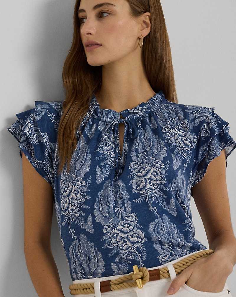 Camisas Ralph Lauren Floral Linen-Blend Jersey Tie-Neck Top Mujer Blue/Cream | JKEMPSV-60 - vista 5