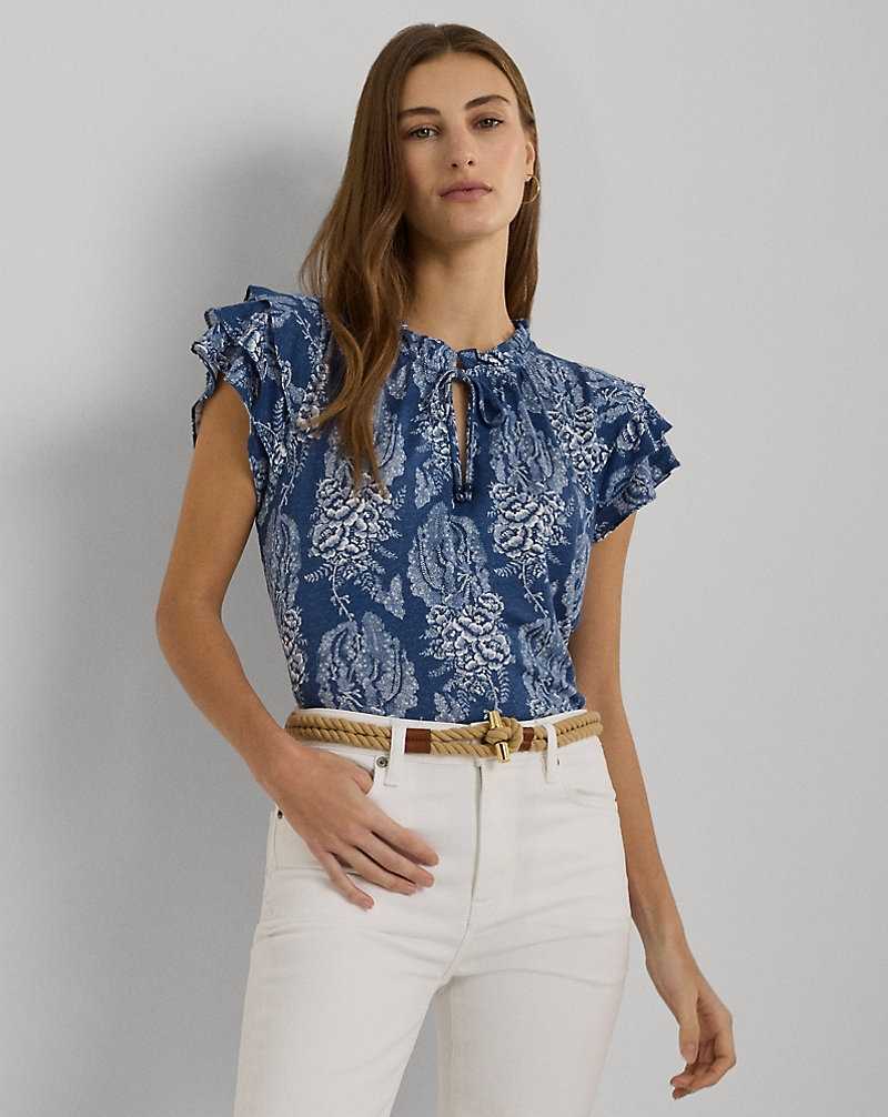 Camisas Ralph Lauren Floral Linen-Blend Jersey Tie-Neck Top Mujer Blue/Cream | JKEMPSV-60 - vista 1