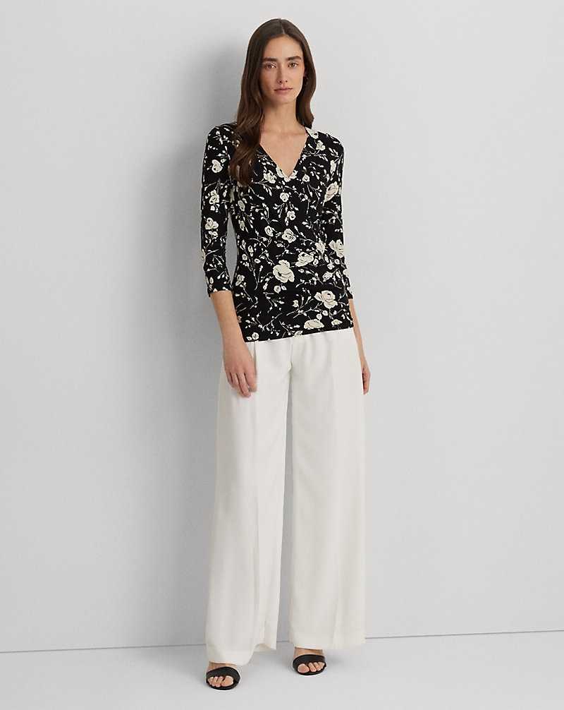 Camisas Ralph Lauren Floral Surplice Stretch Jersey Top Mujer Black/Cream | CGSJVNK-70 - vista 3