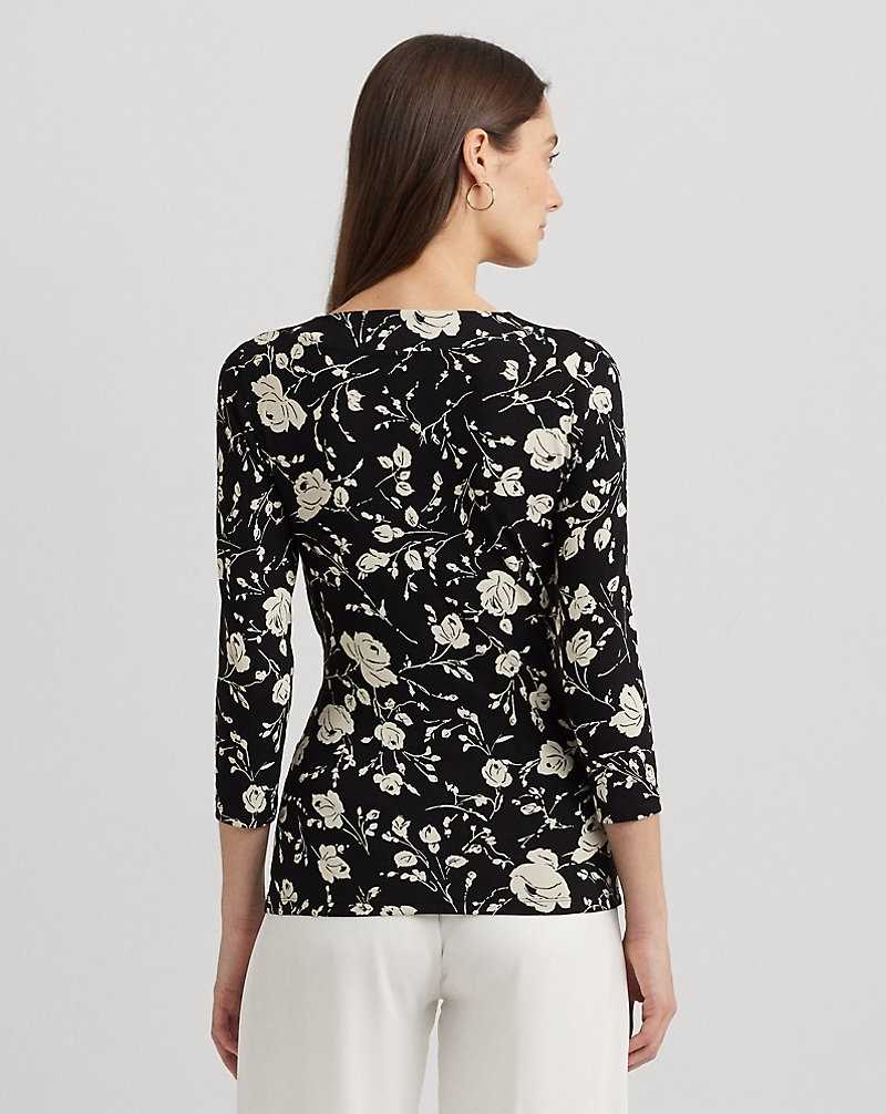 Camisas Ralph Lauren Floral Surplice Stretch Jersey Top Mujer Black/Cream | CGSJVNK-70 - vista 4