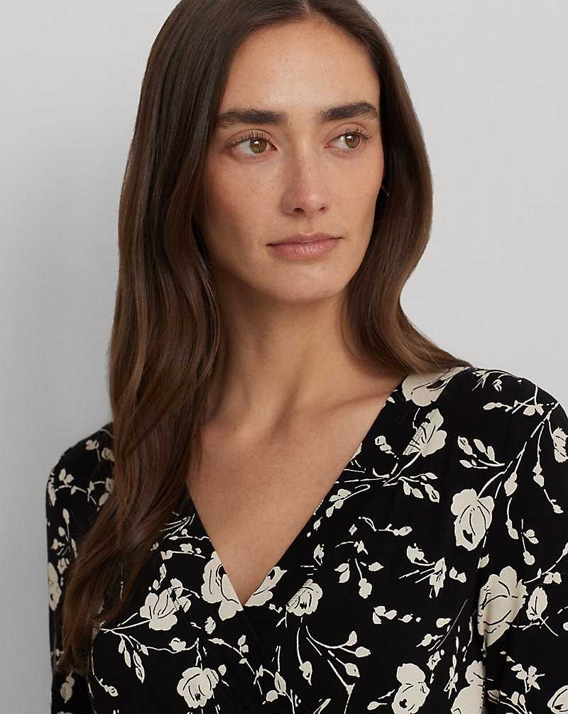 Camisas Ralph Lauren Floral Surplice Stretch Jersey Top Mujer Black/Cream | CGSJVNK-70 - vista 5