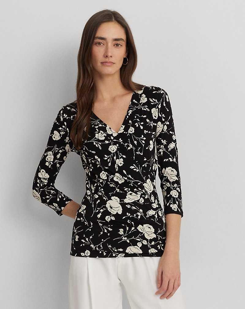 Camisas Ralph Lauren Floral Surplice Stretch Jersey Top Mujer Black/Cream | CGSJVNK-70 - vista 1