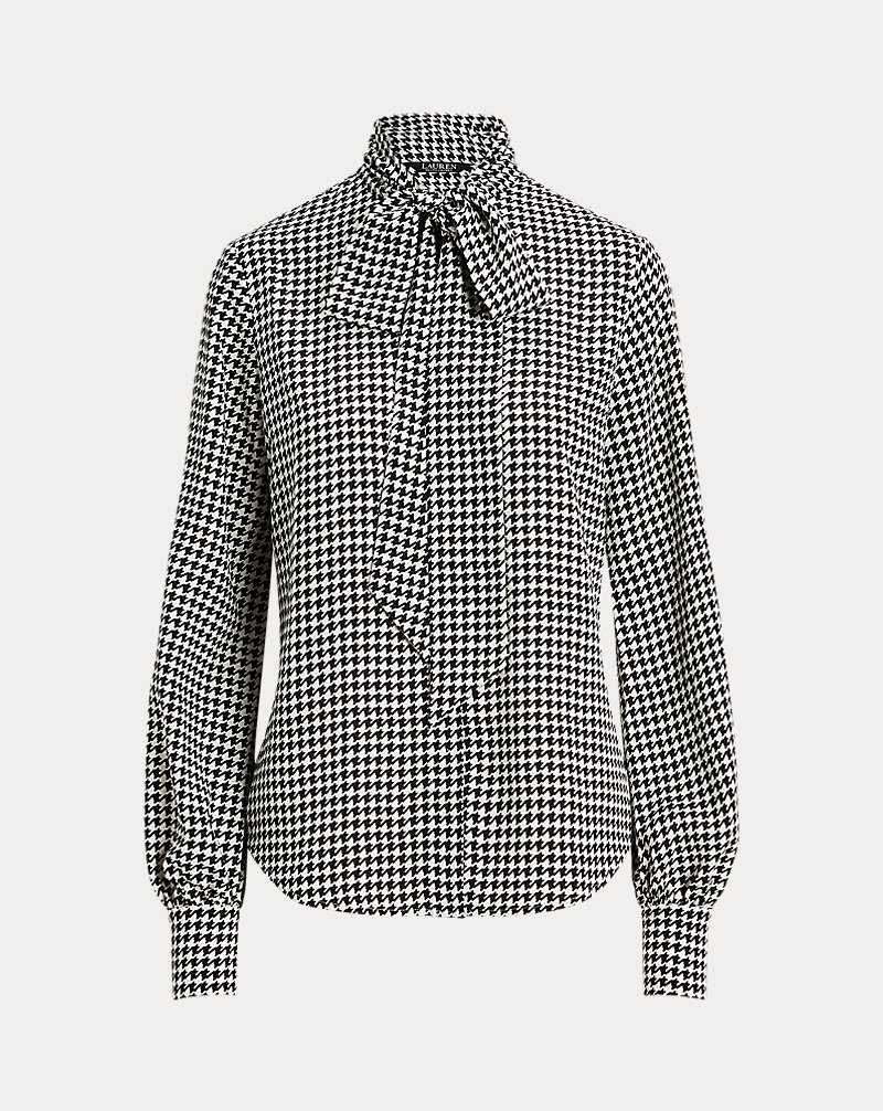 Camisas Ralph Lauren Houndstooth Crepe Tie-Neck Mujer Cream/Black | PLMKUXS-48 - vista 2